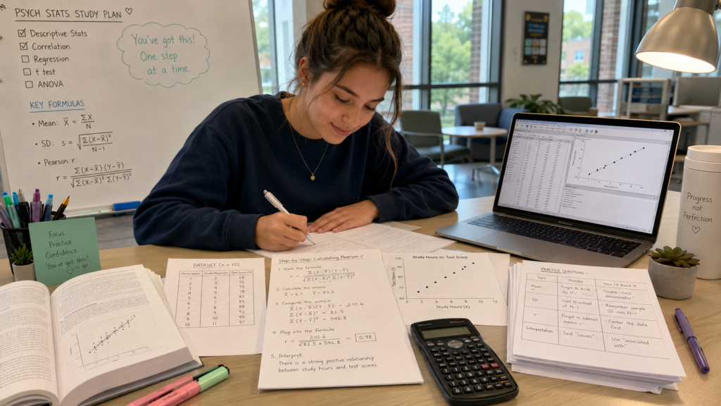 College student practicing psychology statistics with formulas and data