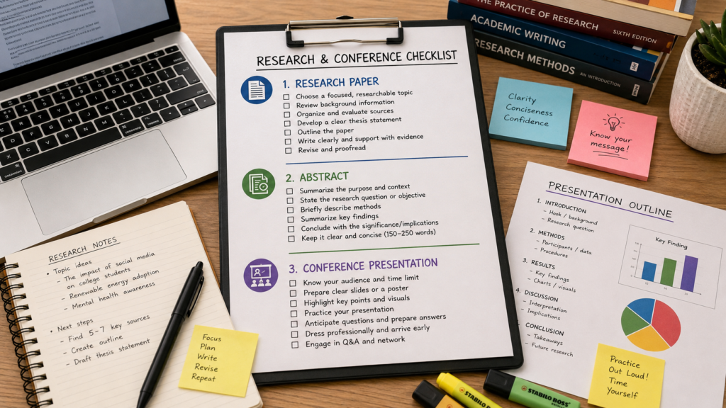 Student checklist for research paper abstract and conference preparation