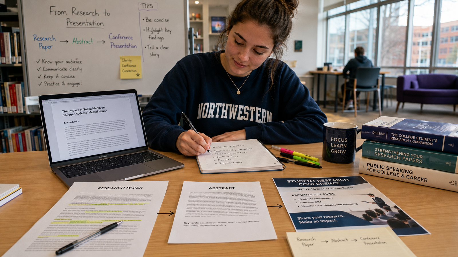 College student preparing a research paper abstract and conference presentation