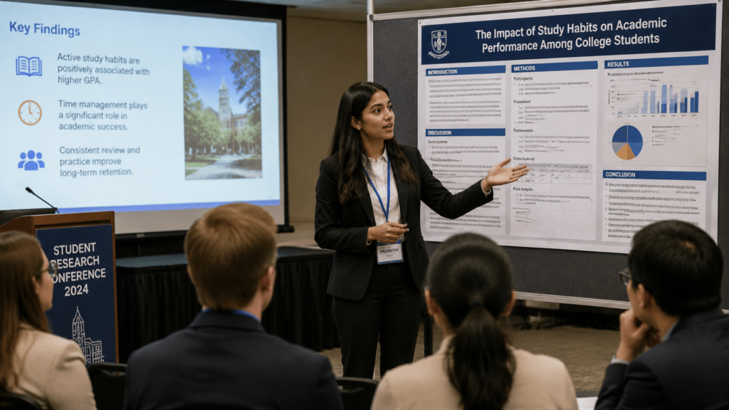 Student presenting research at an academic conference