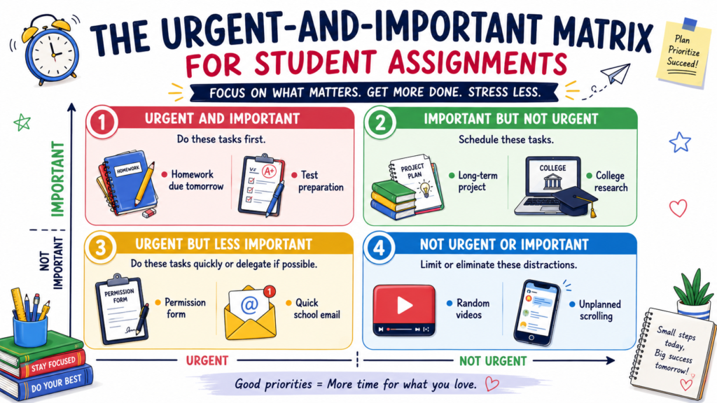 Urgent and important time management matrix for student assignments