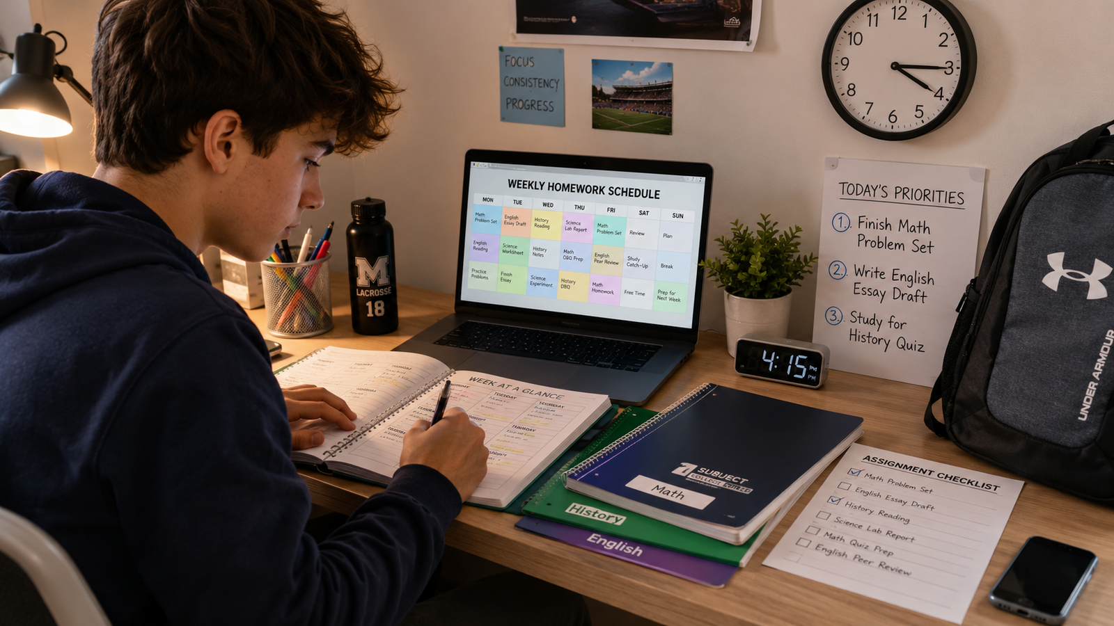 High school student organizing homework with a planner and weekly study schedule