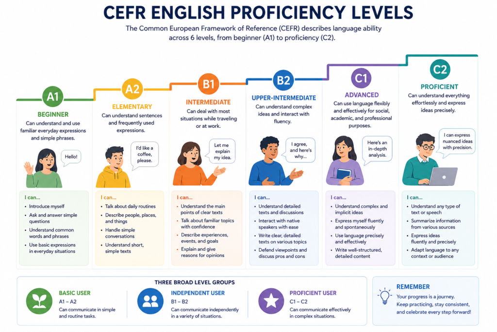 CEFR English proficiency levels from A1 beginner to C2 proficient