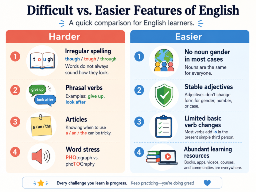 Comparison of difficult and easier features of the English language
