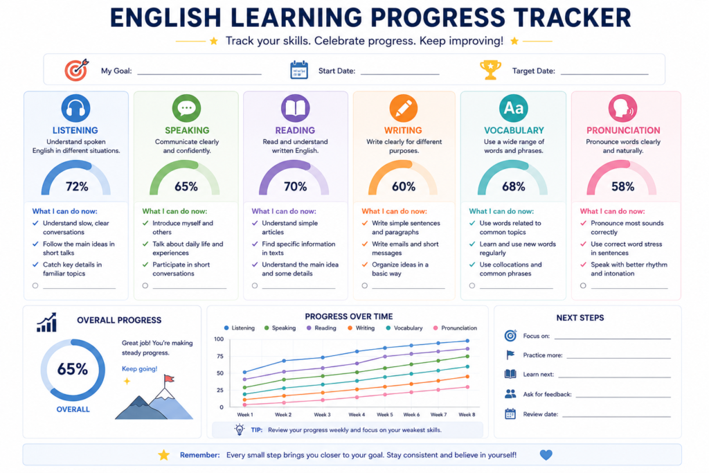 English language learning progress checklist for students