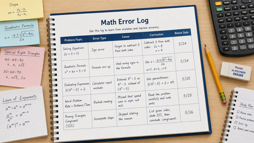 Math error log used to review incorrect practice problems