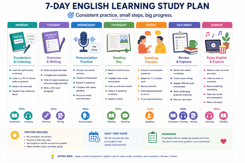 Seven-day English learning study plan for students