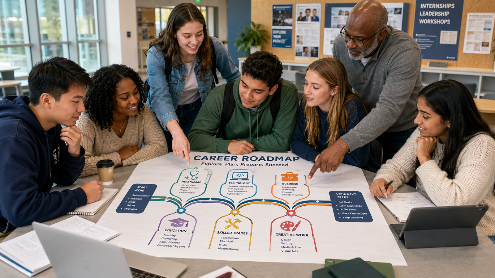 Students comparing career development models and career paths