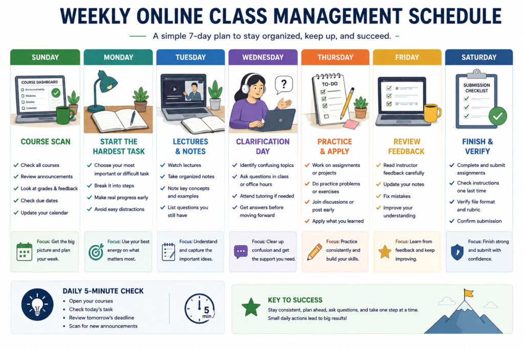Weekly online class management schedule for college students
